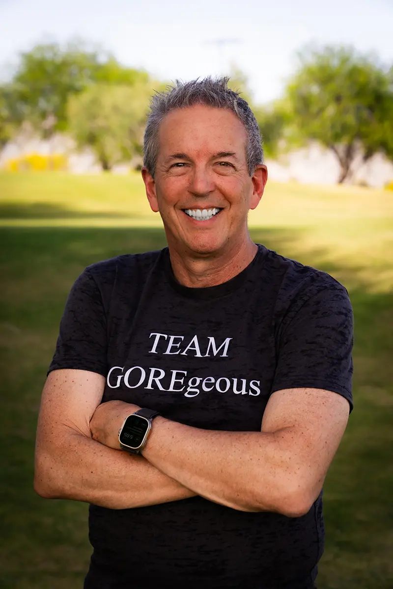 Dr. Rod Gore Wearing a Team Goregeous T-shirt with a big grin.